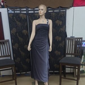 Blondie Nites Dark Navy One-Shoulder Evening Dress with Embellished Strap